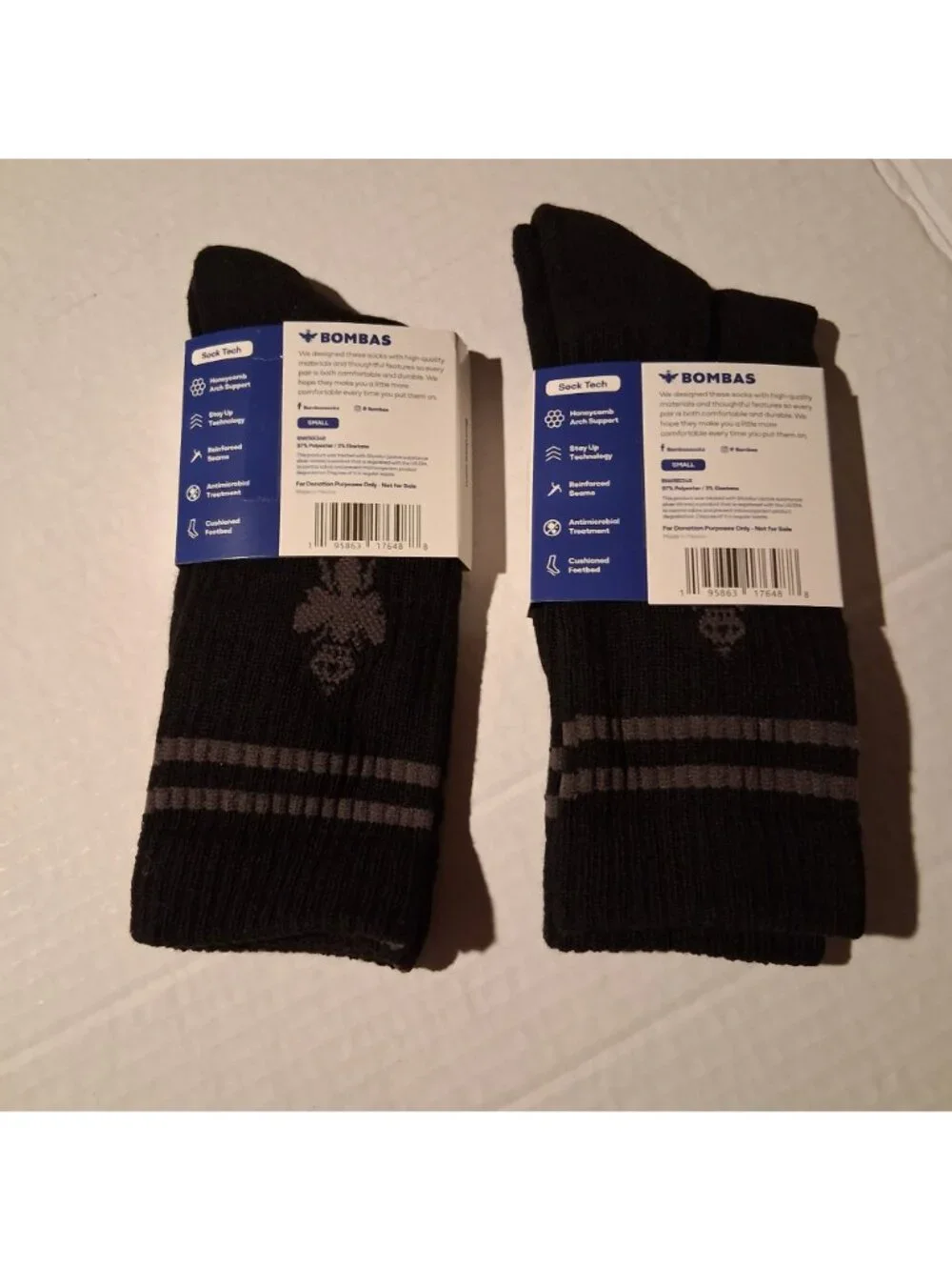 Bombas Small Black Crew Socks 2-Pack With Arch Support & Cushioned Footbed-NEW